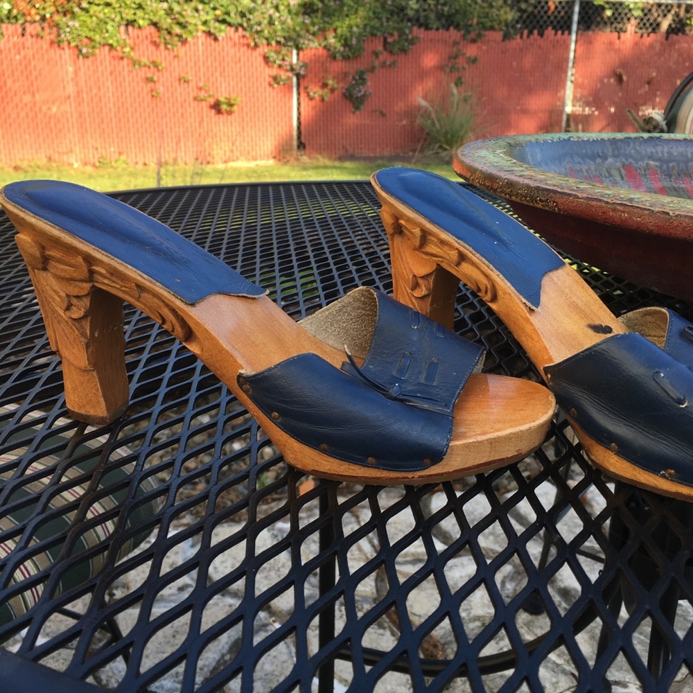 Vintage hand carved 1970s wood heels with blue real leather.